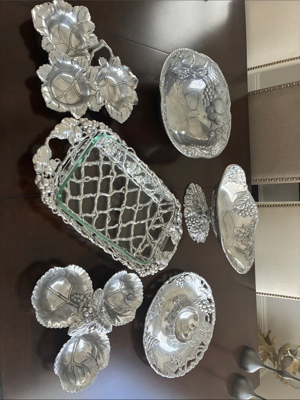 Decorative Silver-Tone Serving Bowl & Tray Set - Grapevine Motif